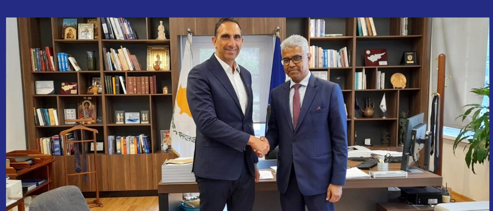 On June 25, 2024, High Commissioner Mr. Manish had a productive meeting with Mr. Konstantinos Ioannou, Minister of Interior, Republic of Cyprus. Both sides engaged in insightful discussions on various bilateral issues of mutual interest.